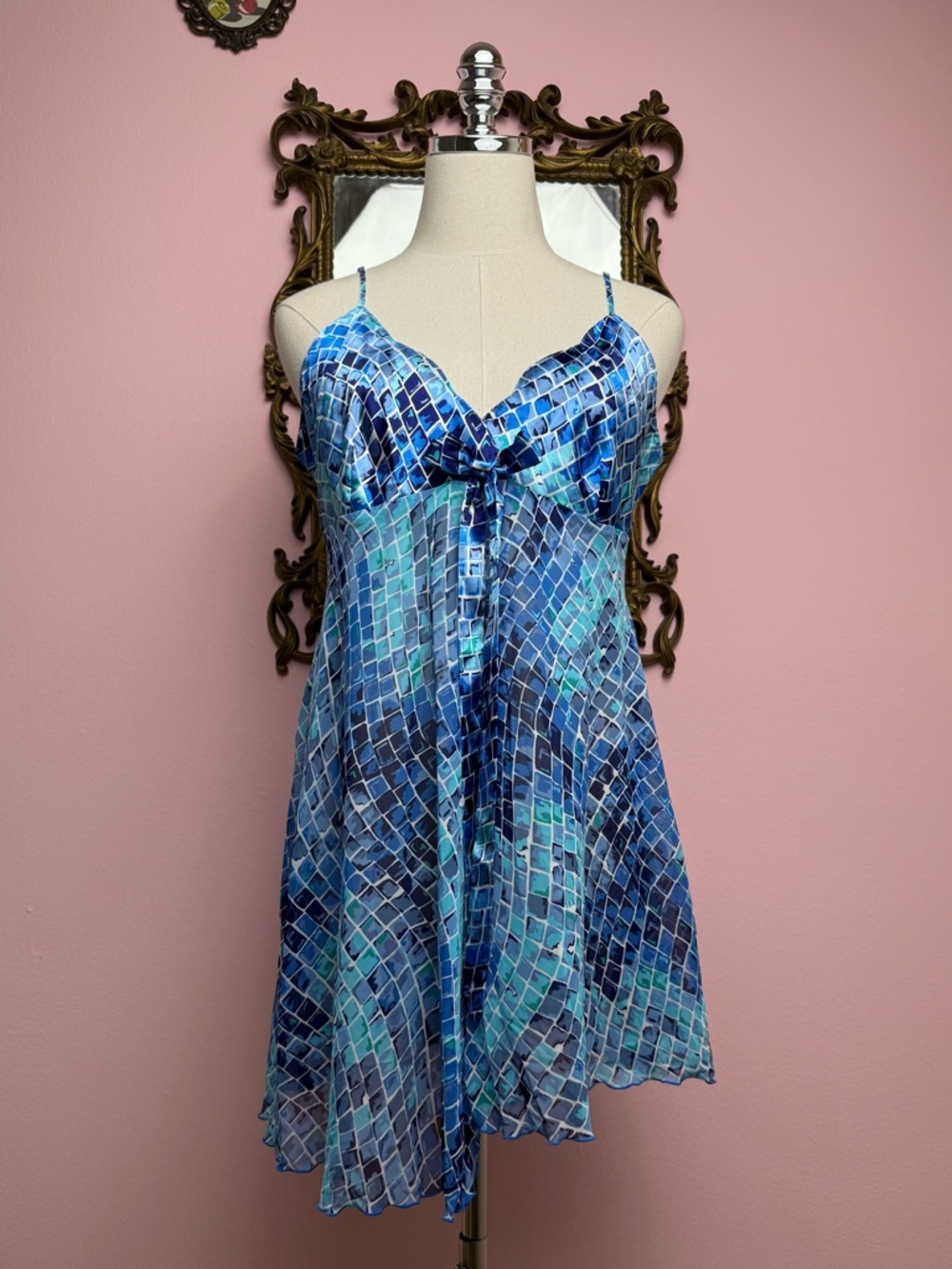 Vintage 90s Victorias Secret Mosaic Reptile Blue Babydoll Slip Nightie Large